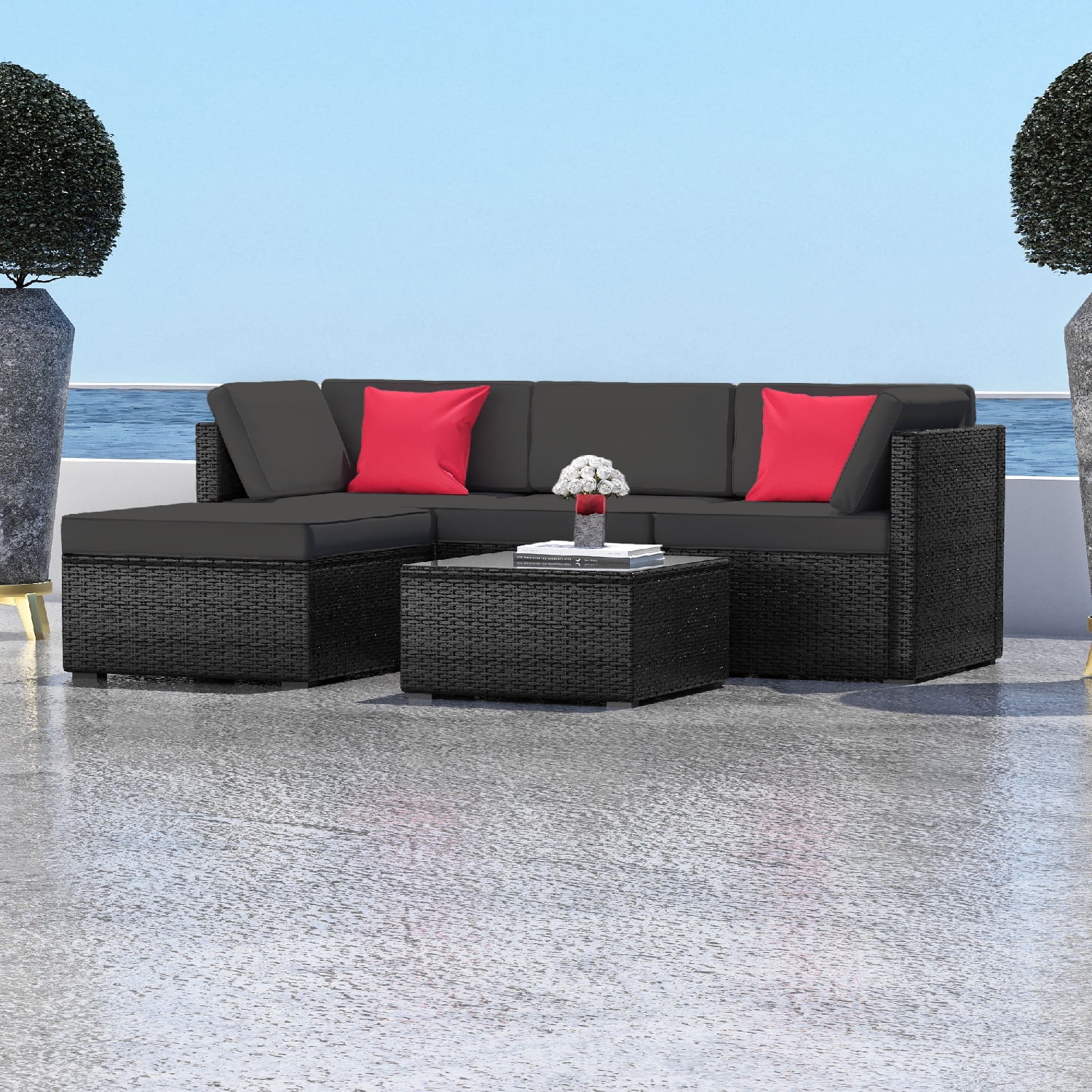 Hearth & Harbor 5-Piece Outdoor Patio Furniture Set, Wicker Patio Sectional Conversation Set, Black/Gray