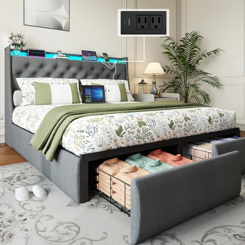 Queen Bed Frame with 2 Storage Drawers, Platform Bed Frame Queen Size with LED Light, Upholstered Headboard, Charging Station, Steel Slat Support