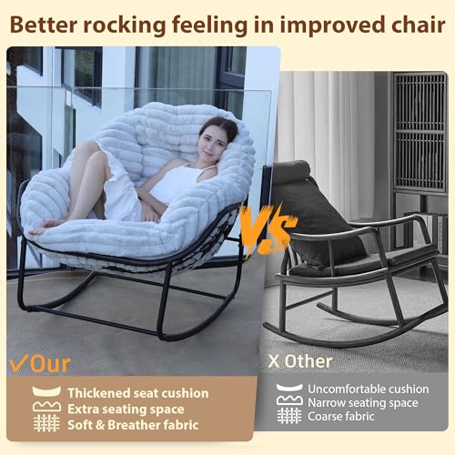 Outdoor Indoor Rocking Chair, Patio Wicker Egg Chair, Indoor & Outdoor Comfy Oversized Papasan Chair with Padded Cushion