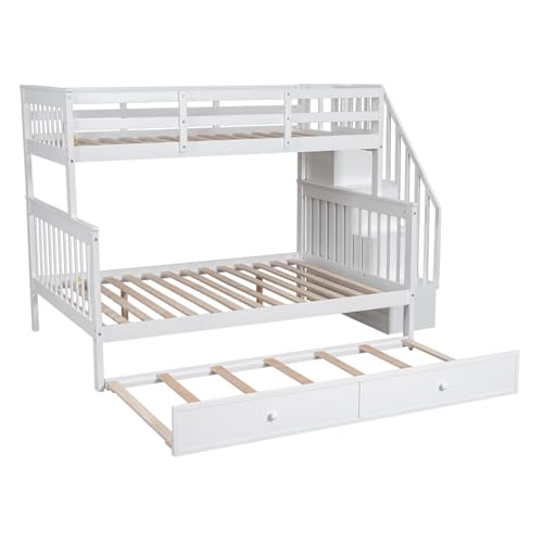 Harper & Bright Designs Twin Over Full Bunk Bed, Wood Twin Over Full Bunk Bed Frame with Trundle and Storage Shelves