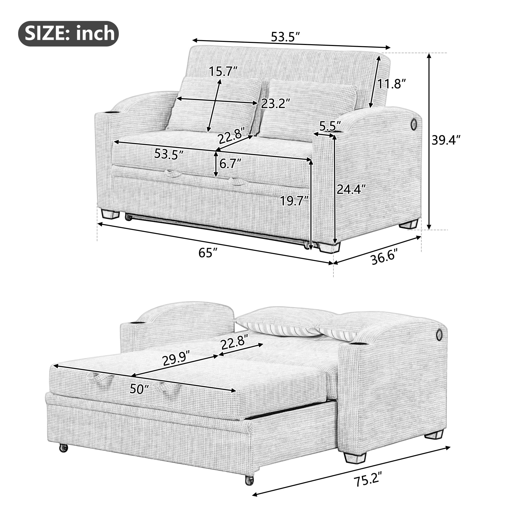65" Pull Out Sofa Bed Modern Chenille Convertible Loveseat Sofa with Adjsutable Backrest, 2 Pillows, Cup Holders, USB Ports for Living Room