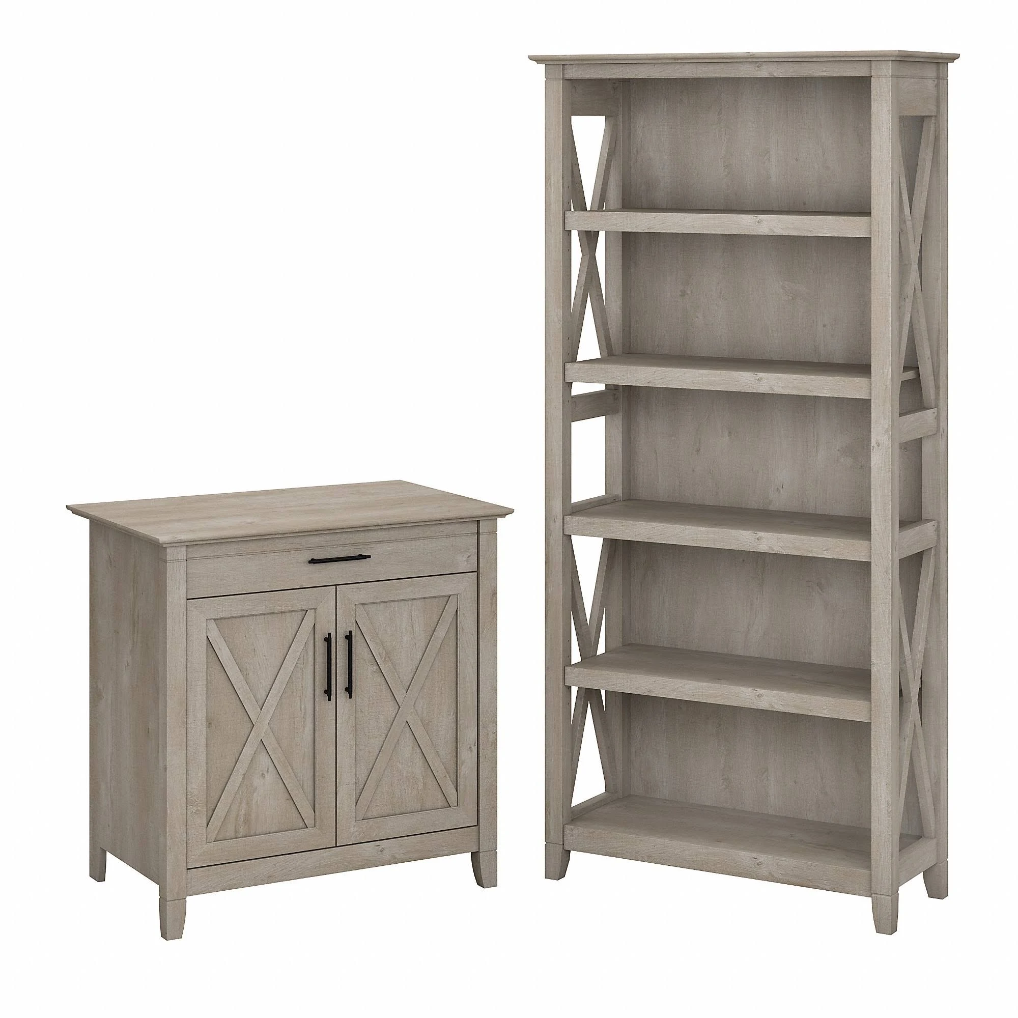 Bush Furniture KWS012WG Key West Laptop Storage Desk Credenza with 5 Shelf Bookcase, Washed Gray