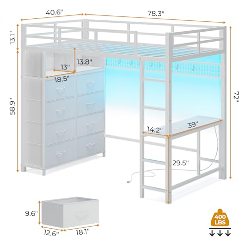 ADORNEVE Twin Size Loft Bed with Desk and 8 Storage Drawers, Metal Kids Loft Bed Twin with LED Lights & Charging Sation, Storage Shelves