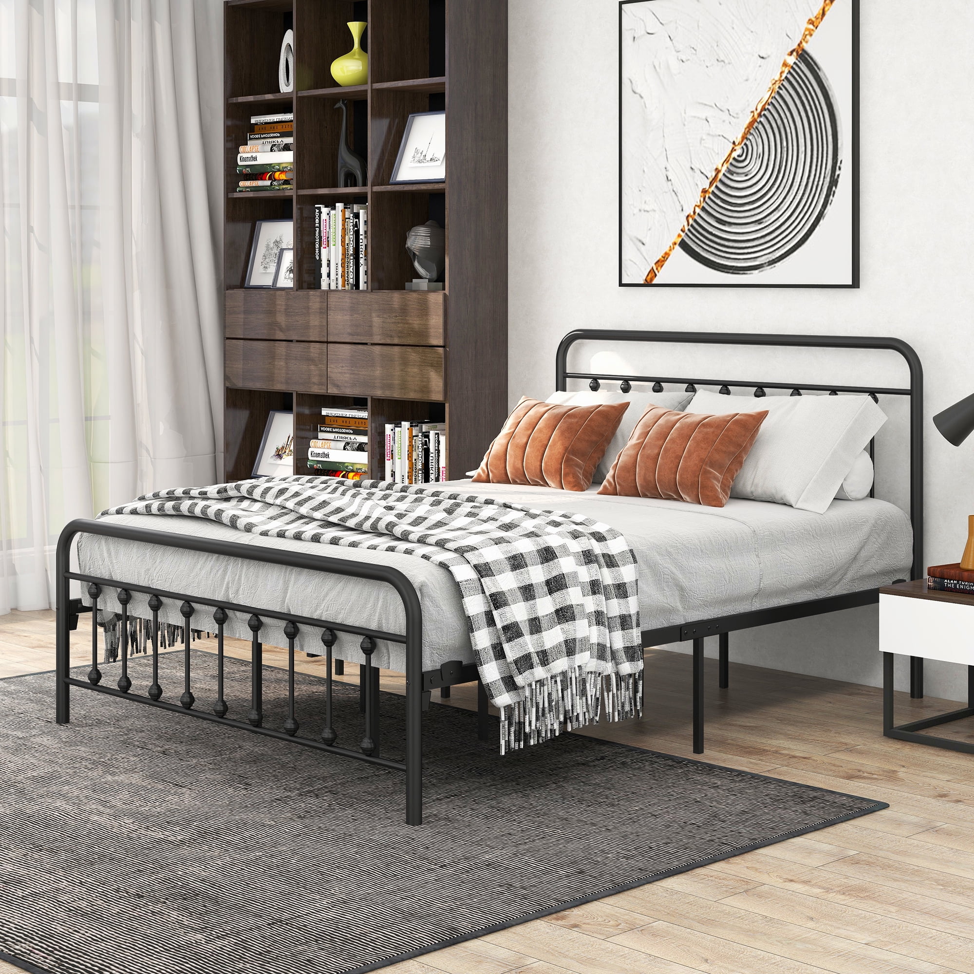 SESSLIFE Queen Size Victorian Style Bed with Headboard and Footboard, Iron Bed Frame for Bedroom, No Box Spring Needed ,Black