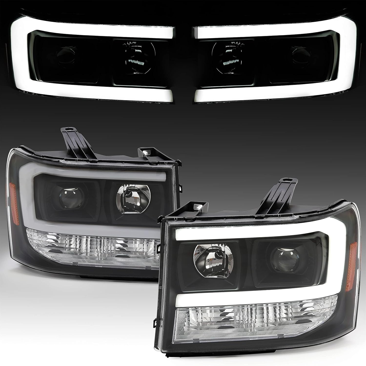 HECASA LED Projector Headlights Compatible with 2007-2014 GMC Sierra 1500 2500HD 3500HD LED Tube Bar Replacement for GM2502283 GM2503283 Headlamps