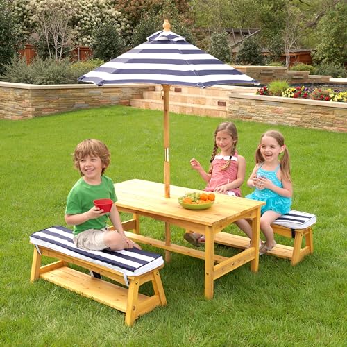 KidKraft Outdoor Wooden Table & Bench Set with Cushions and Umbrella, Kids Backyard Furniture, Navy and White Stripe Fabric