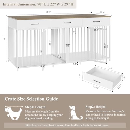 HOSTACK Double Dog Crates Furniture, 71" Wide Indoor Dog Kennel with 3 Drawers, Farmhouse Dog Cage for 2 Large/Medium Dogs