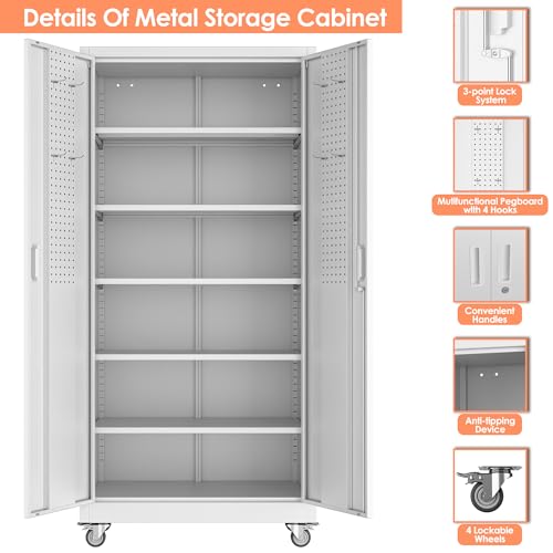 71" Metal Storage Cabinet with Wheels and Pegboard, Lockable Rolling Steel Storage Cabinet with 5 Adjustable Shelves and Door for Garage, Office