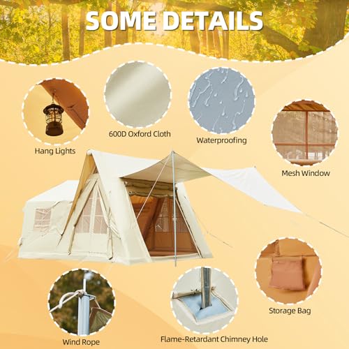YOLENY Inflatable Tents for Camping, 4/6/8/10/12 Person Tent with TPU Skylight, Mesh Windows, Stove Jack & Pump, Easy Setup 4 Season Glamping Tent