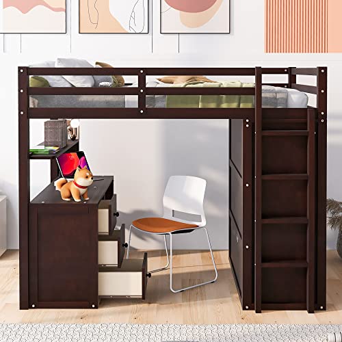 Harper & Bright Designs Full Size Loft Bed with Desk and Wardrobe, Solid Wood Loft Bed Frame with Storage Drawers, for Kids Teens Adults (White)