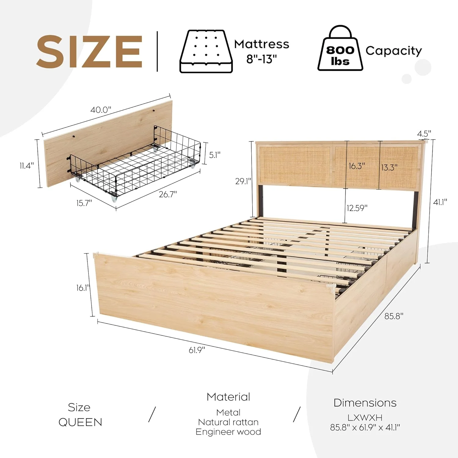 Brafab Natural Rattan Queen Bed Frame with Wooden Headboard and 4 Storage Drawers
