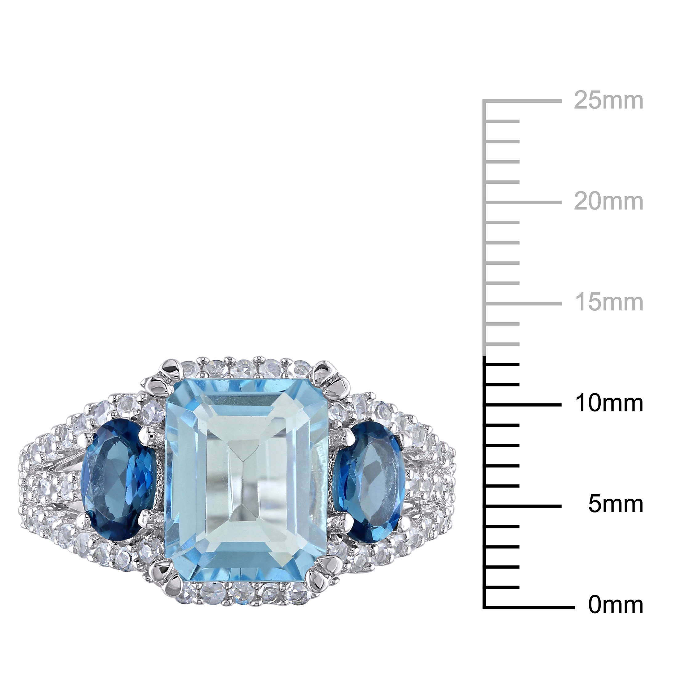 Miabella Women's 5-3/4 Carat T.G.W. Oval & Octagon-Cut Sky & London Blue Topaz and Created White Sapphire Sterling Silver 3-Stone Ring