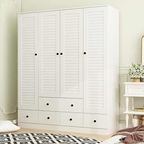 ECACAD Large Wardrobe Armoire with Multi-Tier Shelves, 5 Drawers, Hanging Rod & 4 Louver Doors, Wooden Closet Storage Cabinet for Bedroom