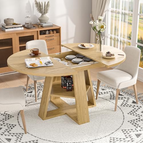 43.3in-59in Extendable Round Dining Table for 4-8,Modern Kitchen Oval Dining Table with Removable Leaves Space Saving