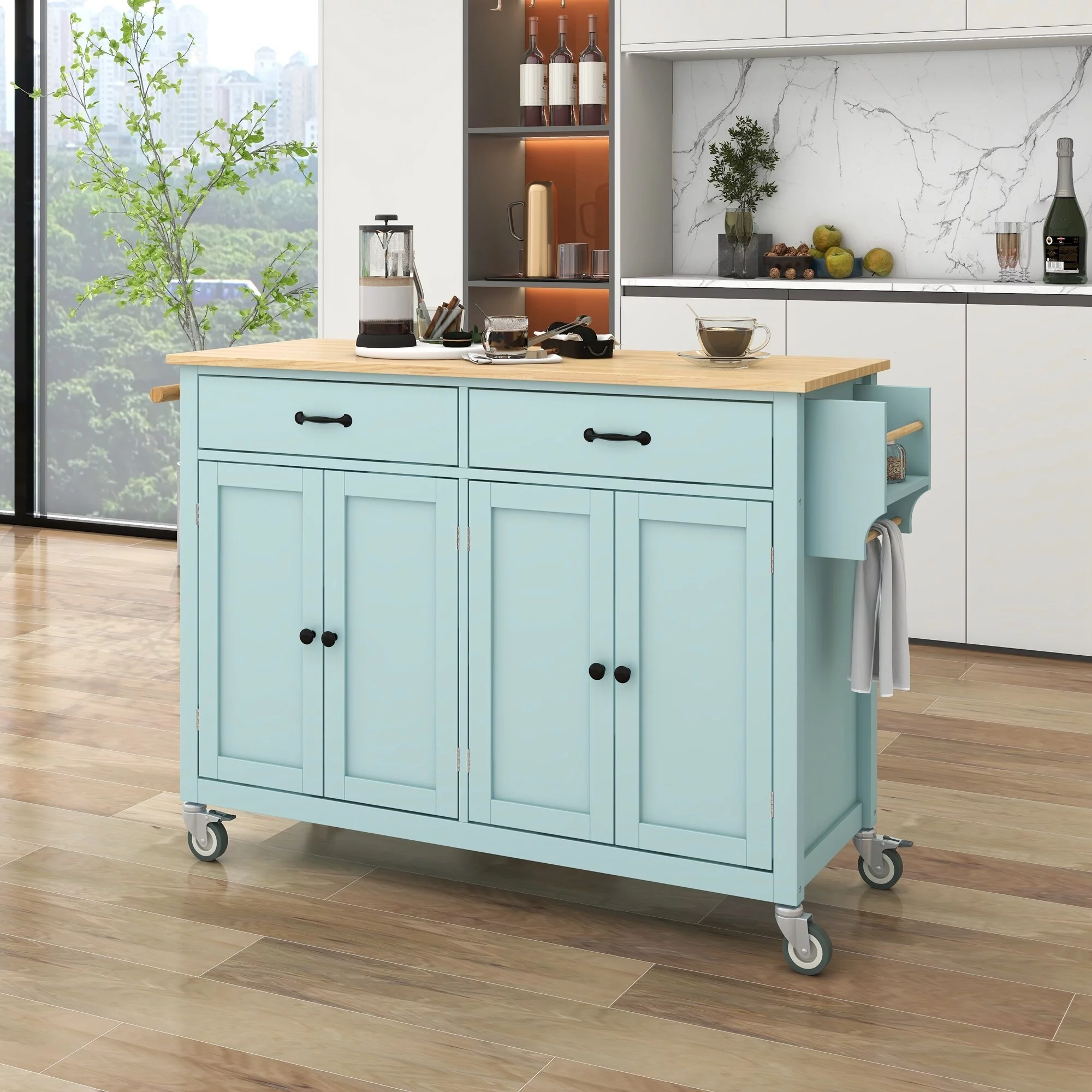 ANDEONLINE IN 2-Drawer Rolling Kitchen Island Cart with Solid Wood Top & Door Cabinets Mint Green