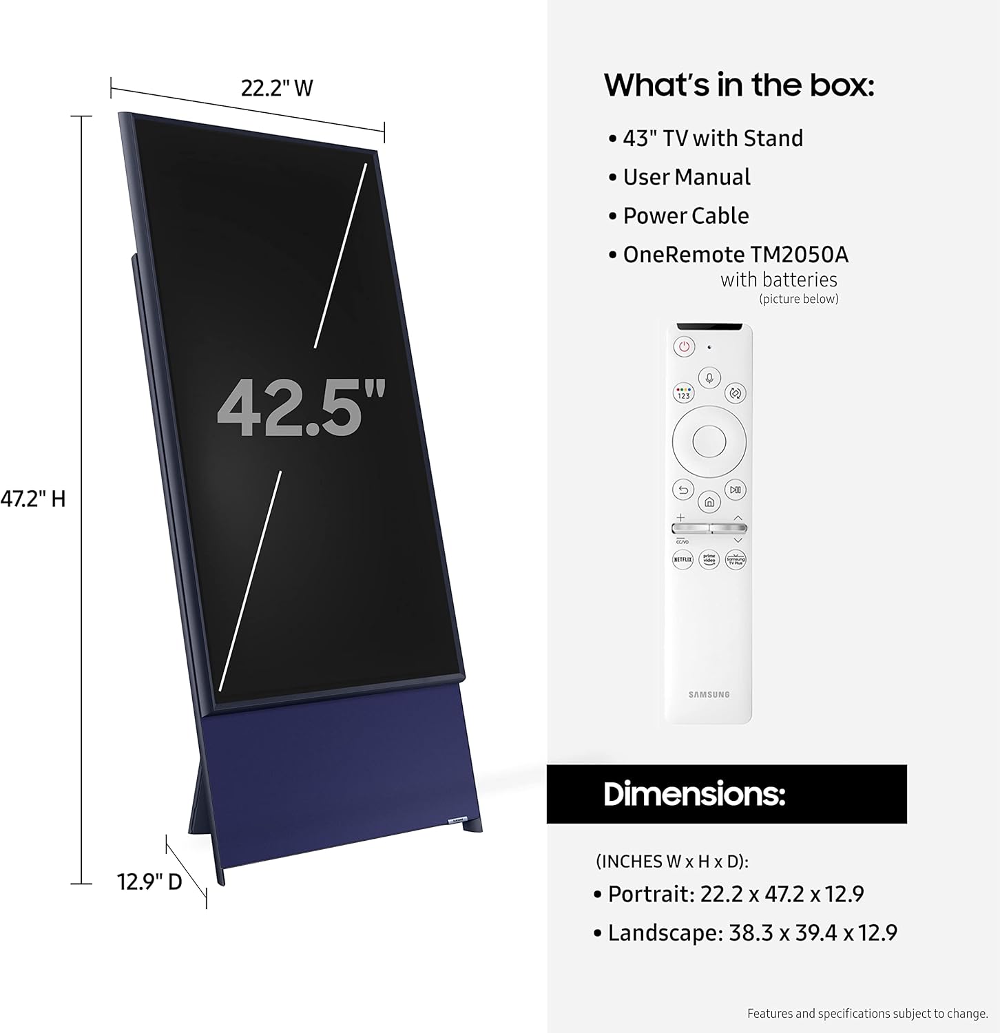 SAMSUNG 43-Inch Class The Sero LS05B Series - QLED 4K, Rotating screen, Matte Display, Premium Speakers Smart TV w/ Alexa Built-in (QN43LS05BAFXZA