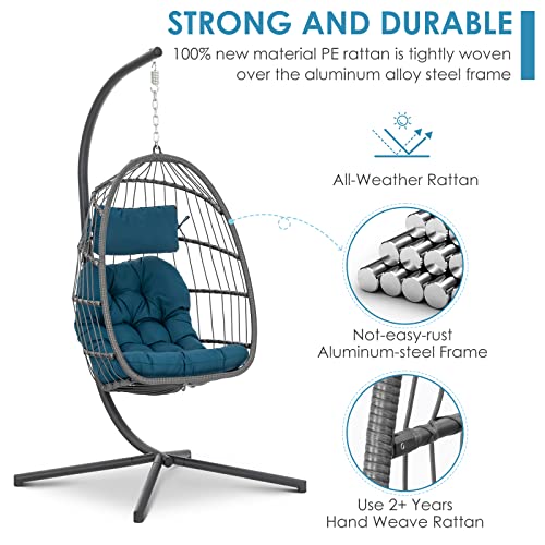 Brafab Hanging Egg Chair with Stand and Footrest, Wicker Egg Swing Chair Indoor Outdoor Aluminum-Steel Frame and UV Resistant Cushion