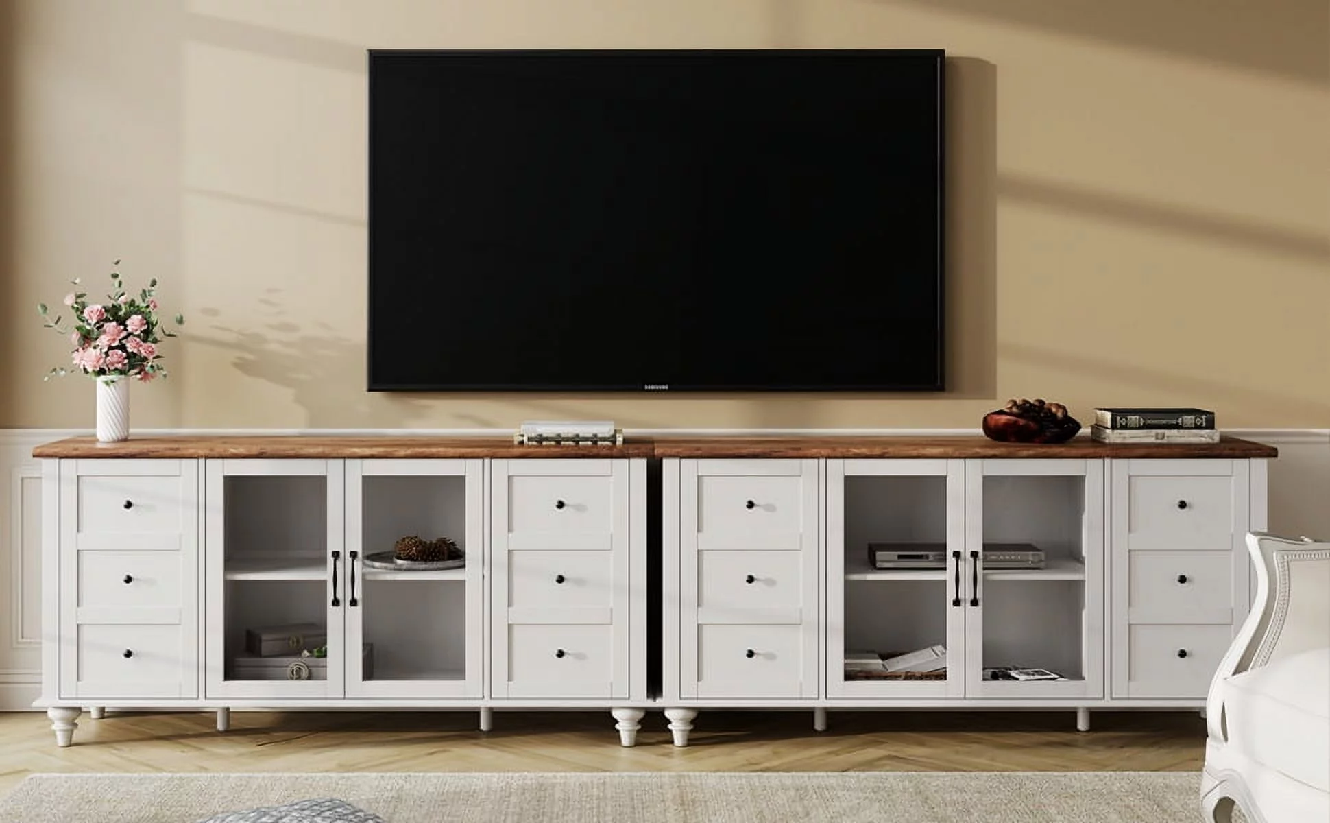 WAMPAT Glass Door Farmhouse TV Stand for TVs Up to 110 inch, Glass and Wood Universal TV Stand