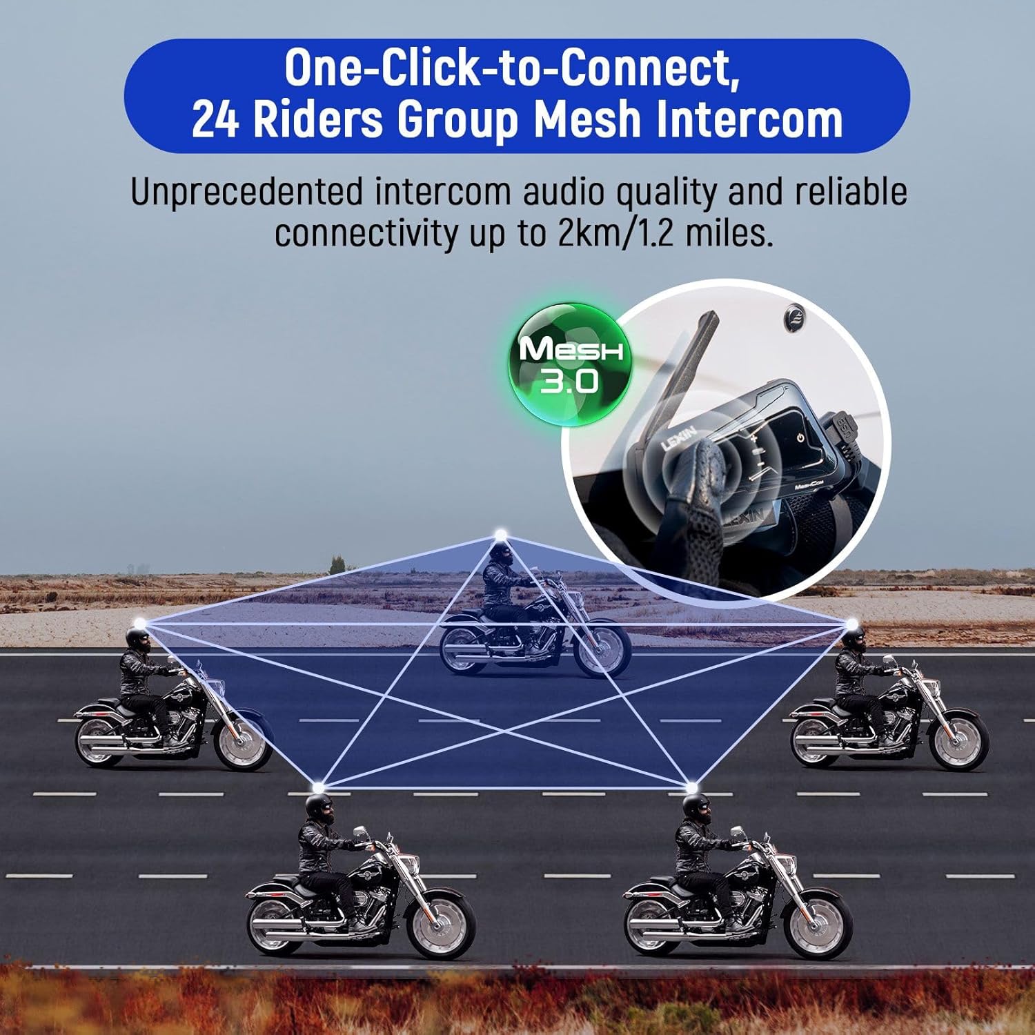 LEXIN MTX Motorcycle Bluetooth Headset, Mesh Intercom 24 Riders, Audio Multitasking Helmet Bluetooth Communication System