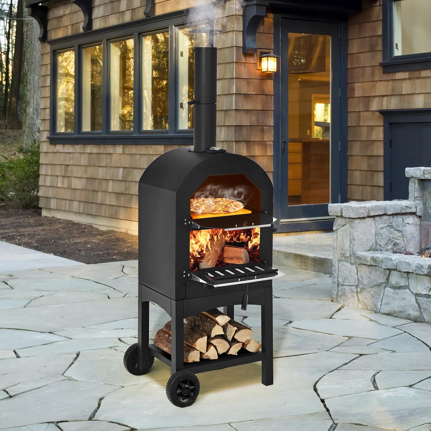 COSTWAY Outdoor Pizza Oven, Wood Fired Pizza Oven for Outside, Patio Pizza Grill with Pizza Stone, Pizza Peel