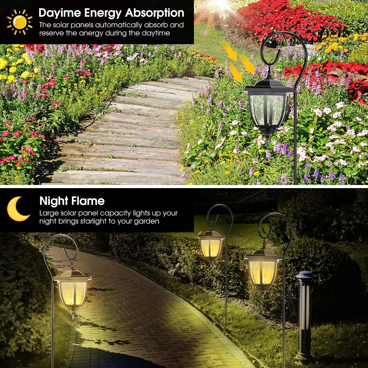 6 Pcs 32" Hanging Solar Lantern Lights with Dual Use Shepherd Hooks Outdoor LED Garden Lanterns Decorative Waterproof Pathway Hanging Lights Solar