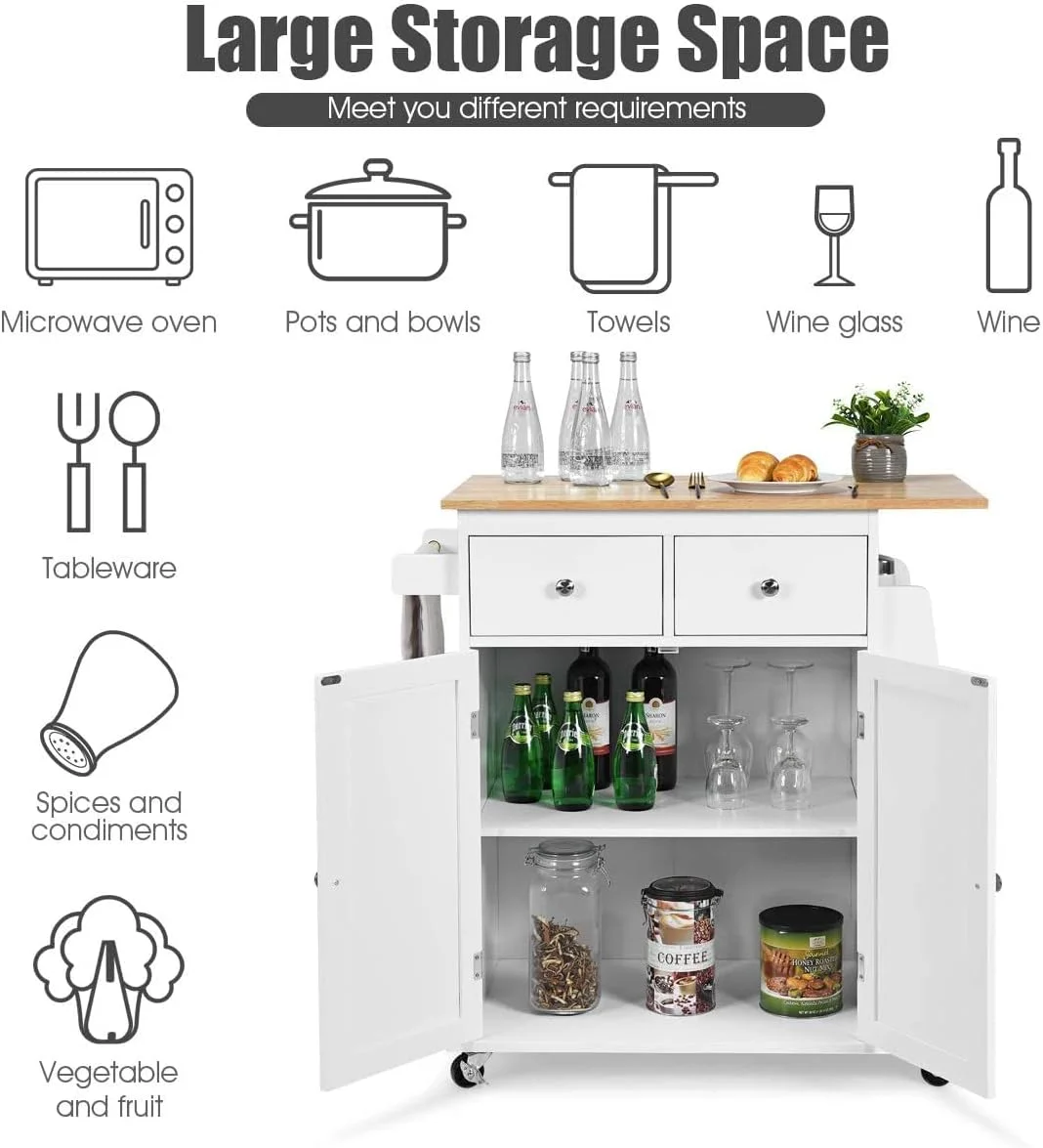 AUGESTER Kitchen Utility Cart, Multifunctional Wooden Trolley with Rollers, Kitchen Storage Trolley with Cabinet, Towel Rack, 2 Drawers