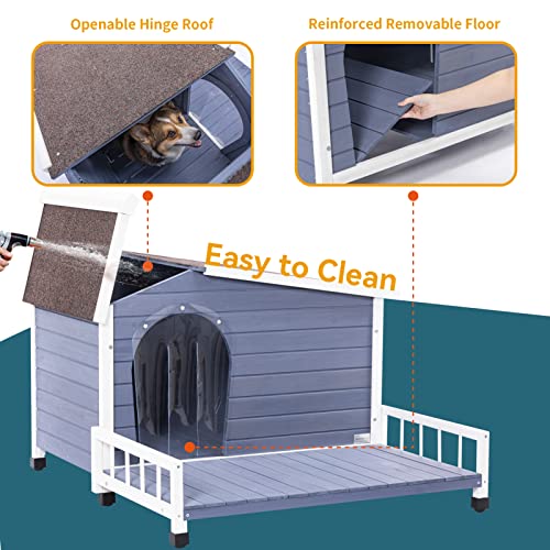 Outdoor Wooden Dog House,Waterproof Kennel with Deck and Sloped Roof,High Stability Pet Dog Cage for Small/Medium Puppy