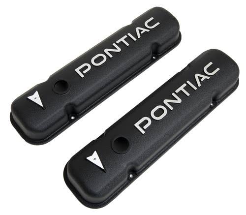 Pontiac V8 350, 400, 455 Summit Racing Die-Cast Logo Aluminum Valve Covers - Black Wrinkle, Stock, Cast Aluminum | Summit Racing
