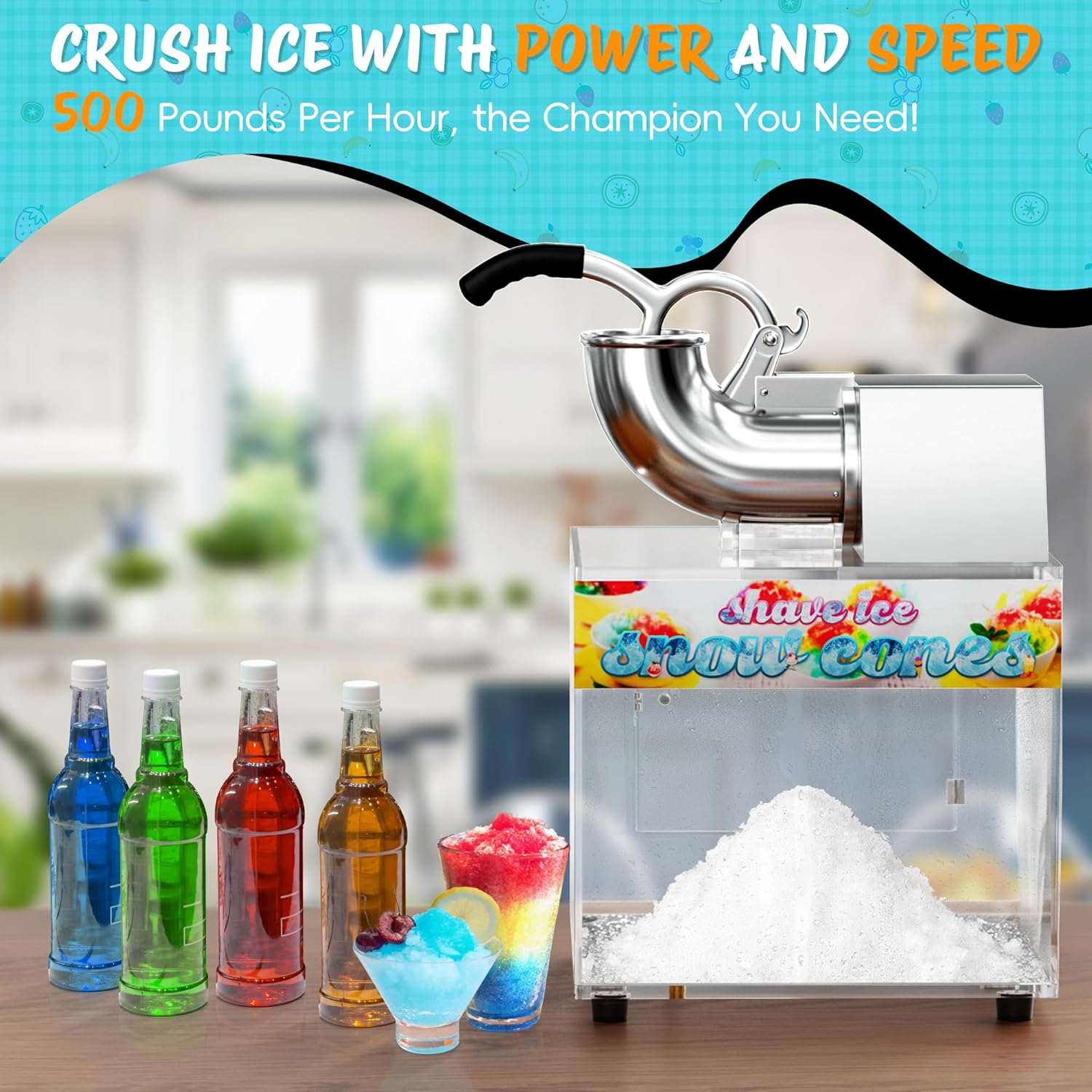 48L Snow Cone Machine, 500LB/H Commercial Shaved Ice Machine for Snow Cones, 300W Electric Fluffy Snow Cone Maker for Party