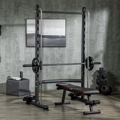 Soozier Squat Rack with Pull-Up Bar, Adjustable Power Rack with Barbell Bar, Multi-Functional Bench Press Rack for Home Gym Strength Training, Black