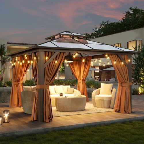 Aoxun 12'x10' Hardtop Gazebo, Aluminum Frame Permanent Pavilion with Curtains and Netting, Outdoor Polycarbonate Double Roof Canopy