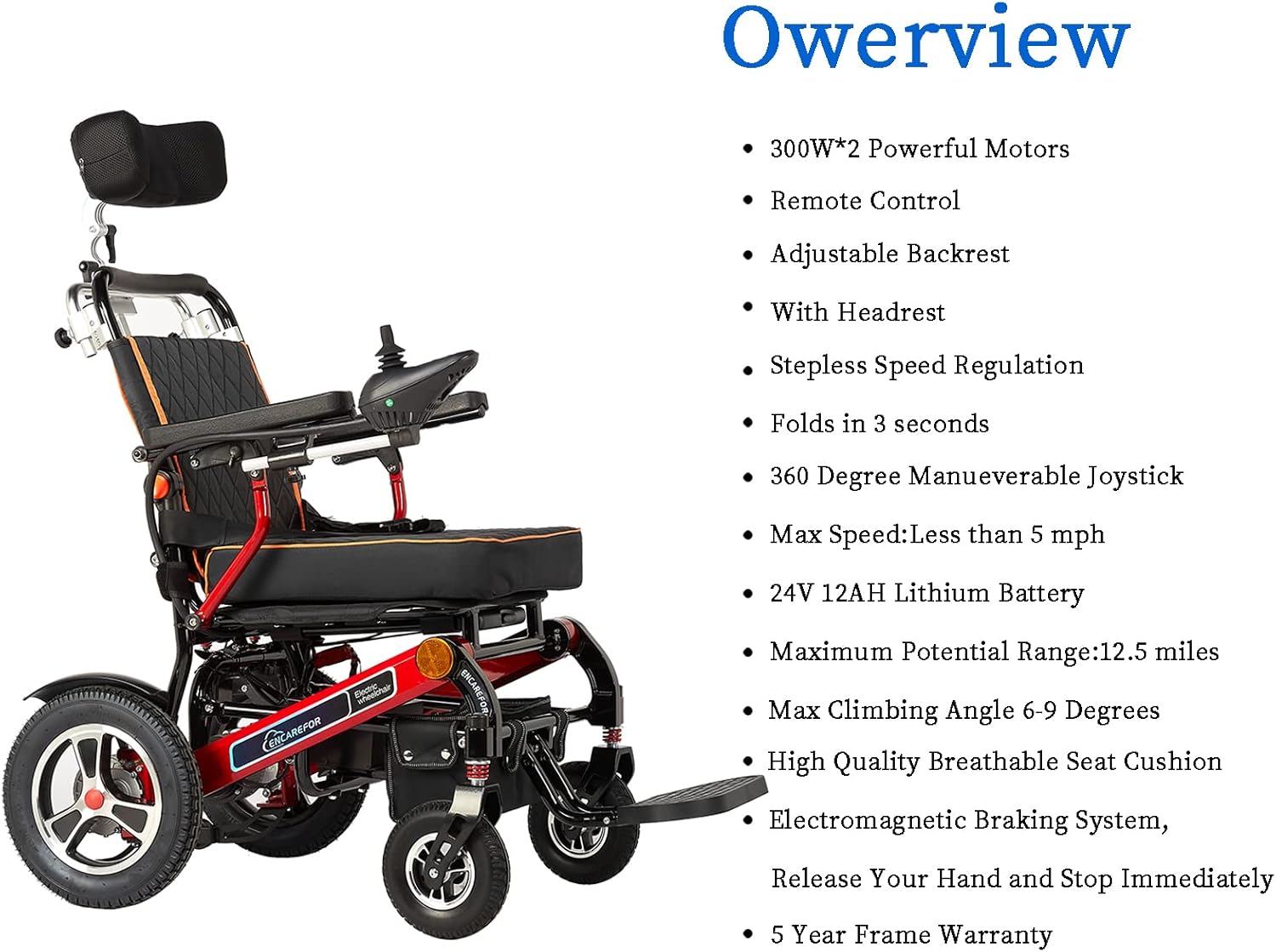 ENCAREFOR 600W Remote Control Electric Wheelchair, Reclining Portable Folding Power Wheelchair,Aluminum Alloy Lithium Battery Powerful Wheelchair