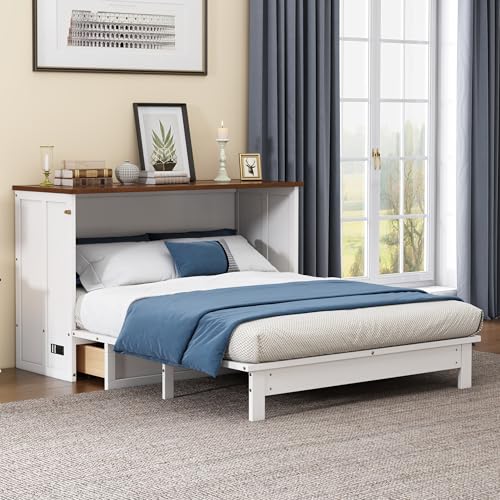 Merax Modern Farmhouse Solid Wood Murphy Bed Chest/Space Saving/Wood Slat Support/Queen,White+Walnut