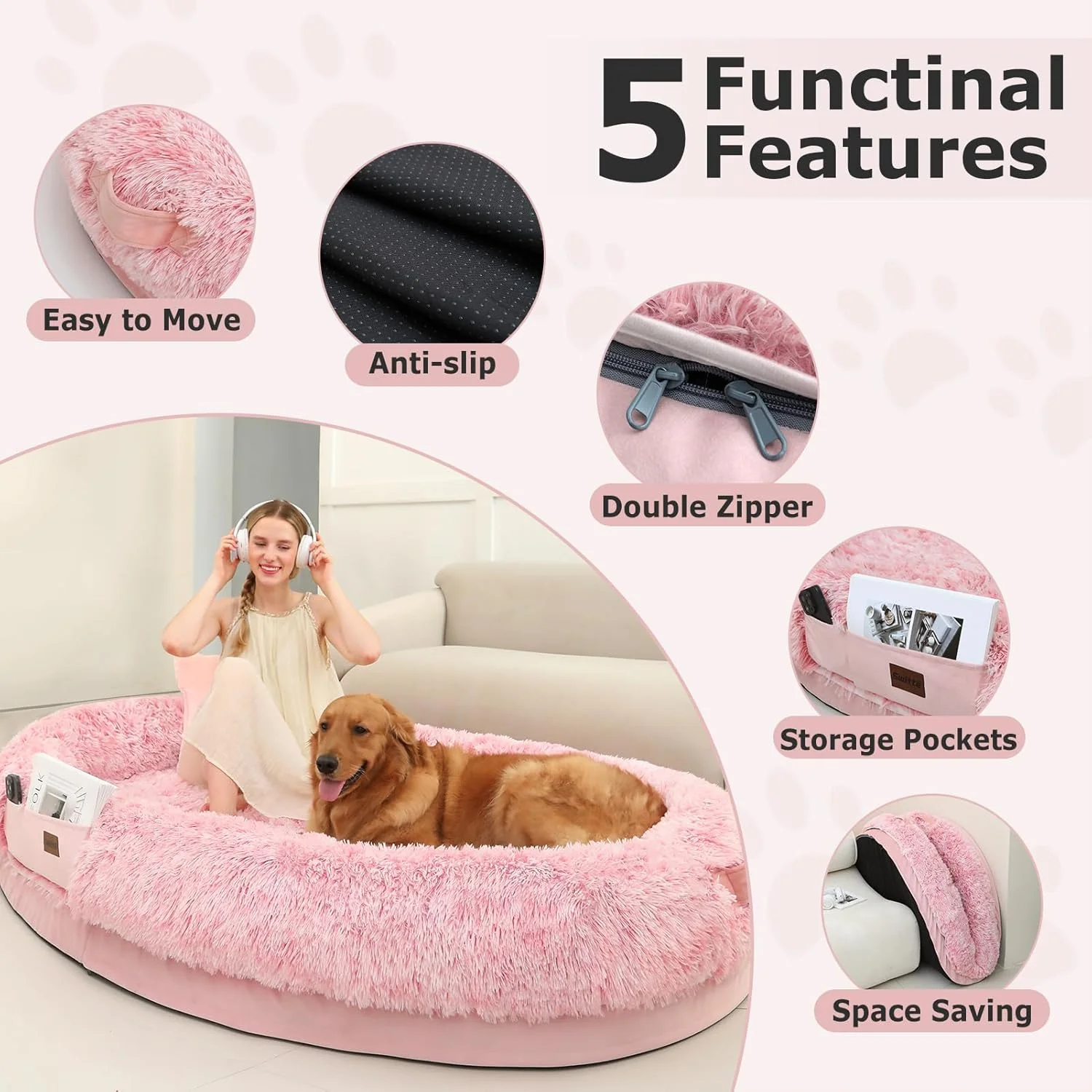 SWITTE Human Dog Bed for Adult, 71"x47"x13" Washable Large Human Size Dog Bed with Blanket for People Doze Off