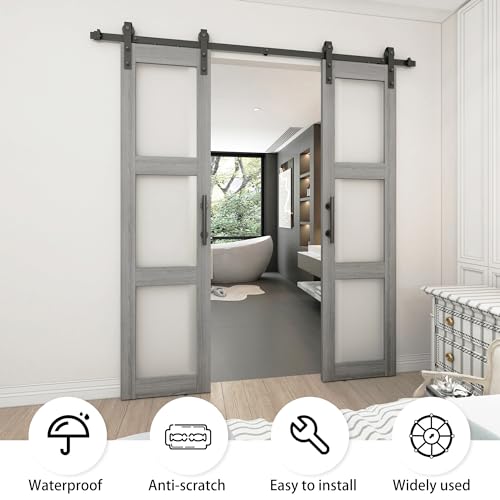 BARNSMITH 21x84in Double Glass Barn Door with 7FT Brushed Nickle Sliding Door Hardware Kit Included & Handle