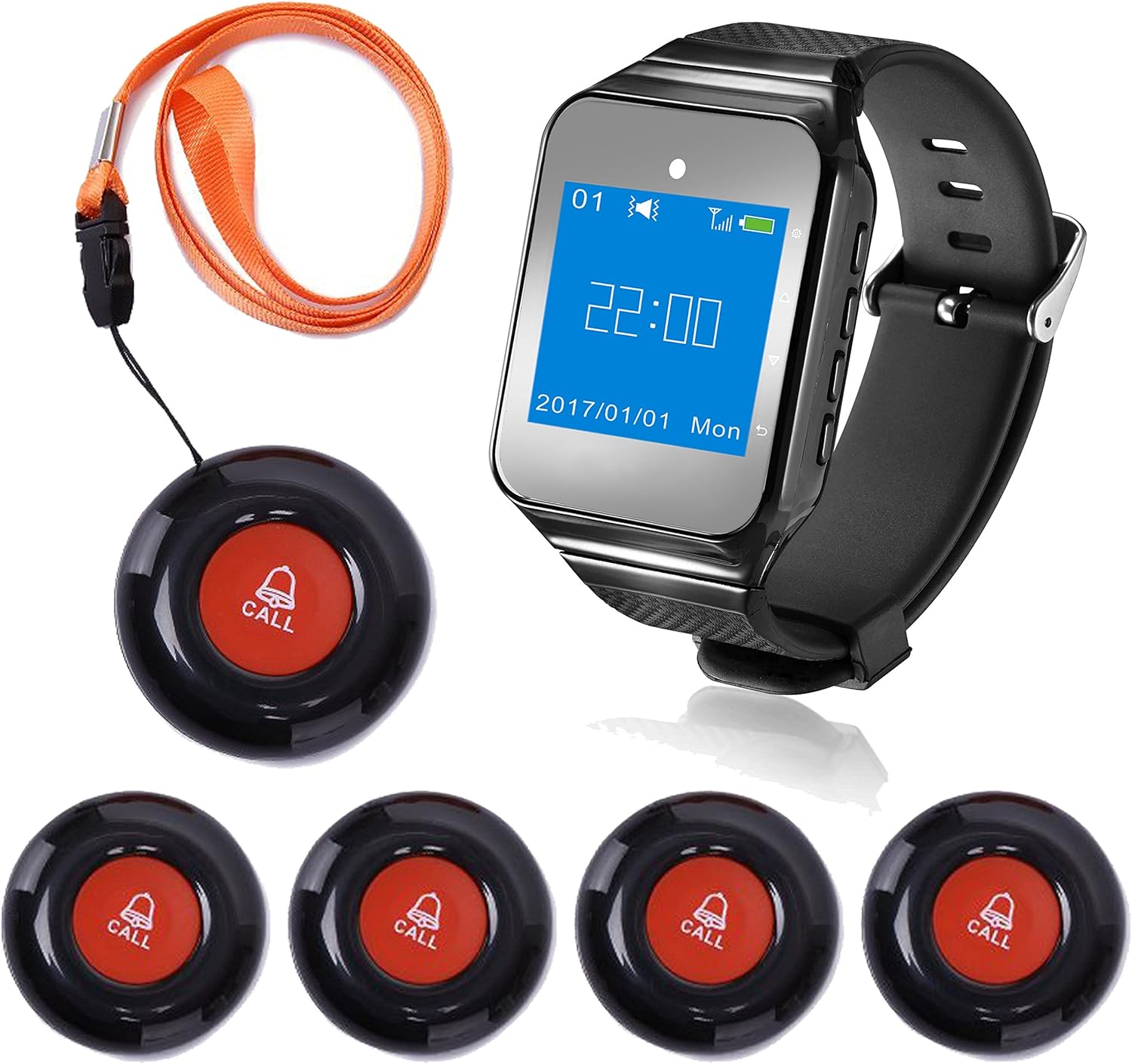 CallToU Wireless Wrist Pager Smart Call System Caregiver Pager Nurse Calling Alert for Elderly/Patient/Disable at Home 1 Receiver Alert Pager 5 PCS