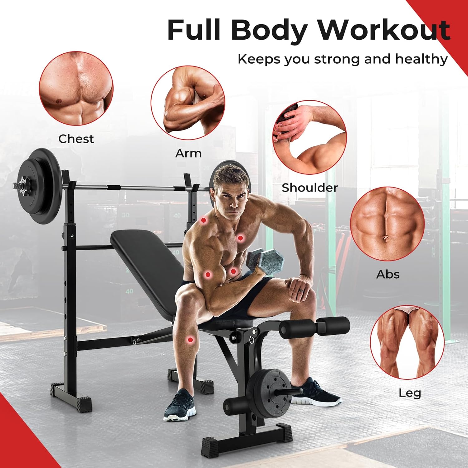 GYMAX Adjustable Weight Bench, Foldable Weight Bench with Squat Racks, Leg Extension & Leg Curl, Strength Training Workout Bench Press