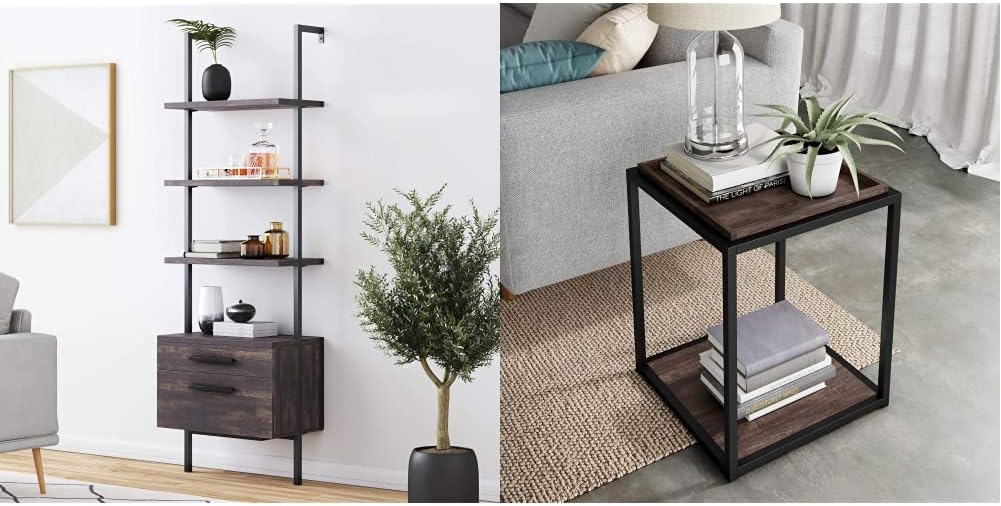 Nathan James Theo 5-Shelf Modern Bookcase, Open Wall Mount Ladder Bookshelf with Industrial Metal Frame, White/Gold