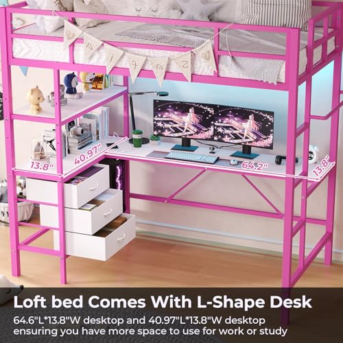 DICTAC Loft Bed Full Size with L-Shaped Desk and Charging Station Full Metal Bed Frame with LED Lights,Open Shelves and 3 Fabric Storage Drawers