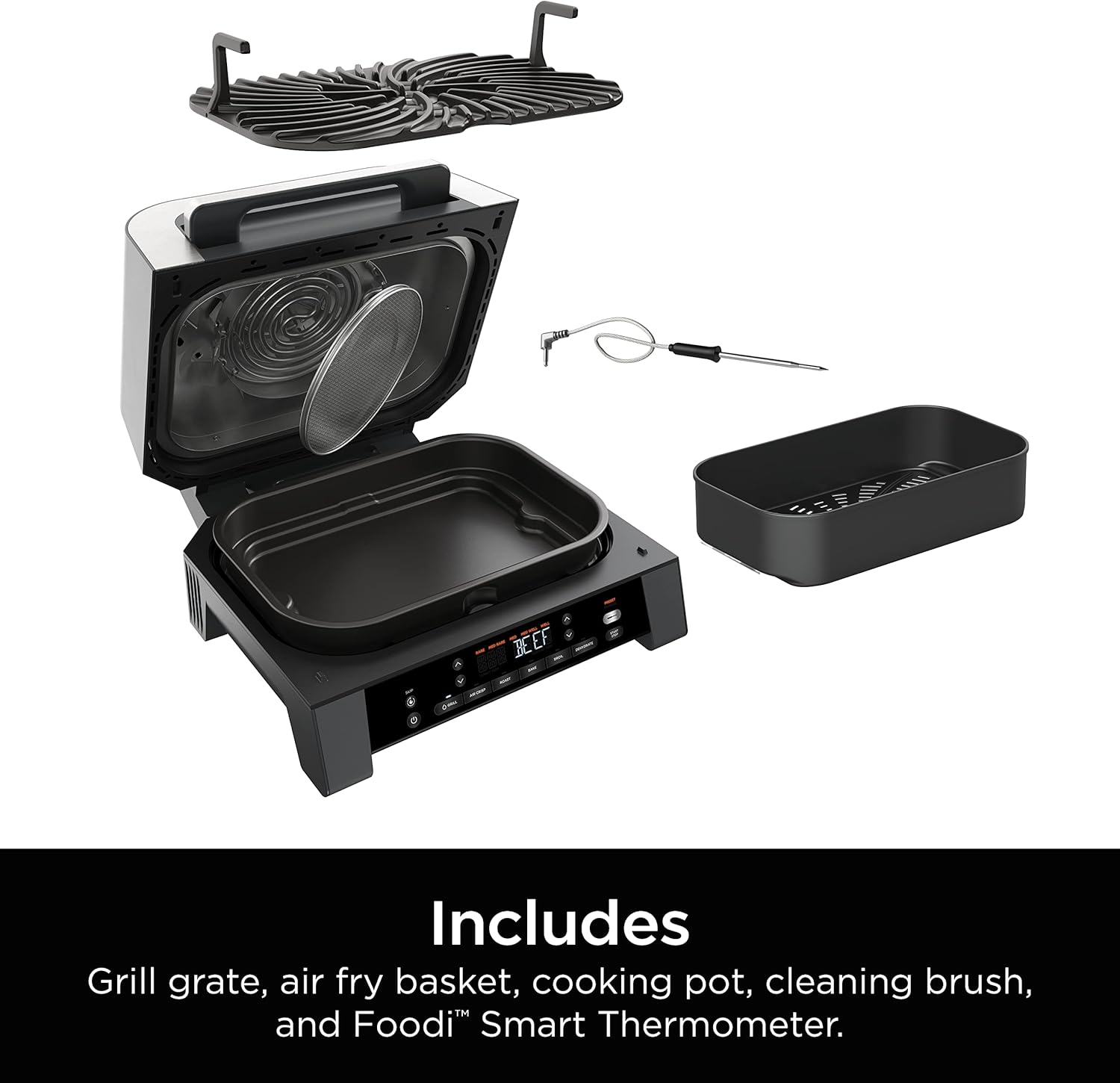 Ninja DG551 Foodi Smart XL 6-in-1 Indoor Grill with Air Fry, Roast, Bake, Broil, & Dehydrate, Foodi Smart Thermometer, 2nd Generation, Black/Silver