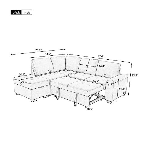 Folding Sleeper Living Room,Modular Sectional Pull, L-Shape Couch Corner Sofa-Bed Ottoman & Hidden Arm Storage & USB Charge,Dark Gray
