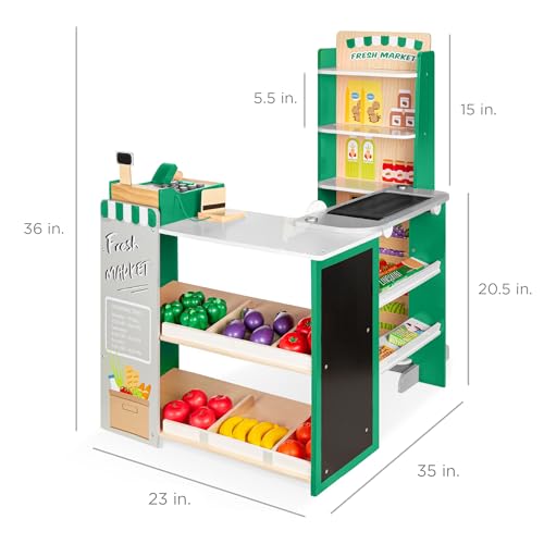 Best Choice Products Pretend Play Grocery Store Wooden Supermarket Toy Set for Kids w/Play Food, Chalkboard, Cash Register, Working Conveyor - Red