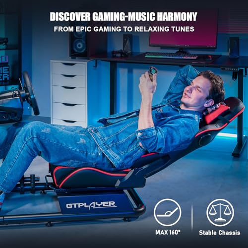 GTPLAYER Racing Simulator Cockpit with Seat and Bluetooth Speakers, Racing Style Reclining Seat and Ultra-Sturdy Alloy Steel Frame, A/B Box (Blue)