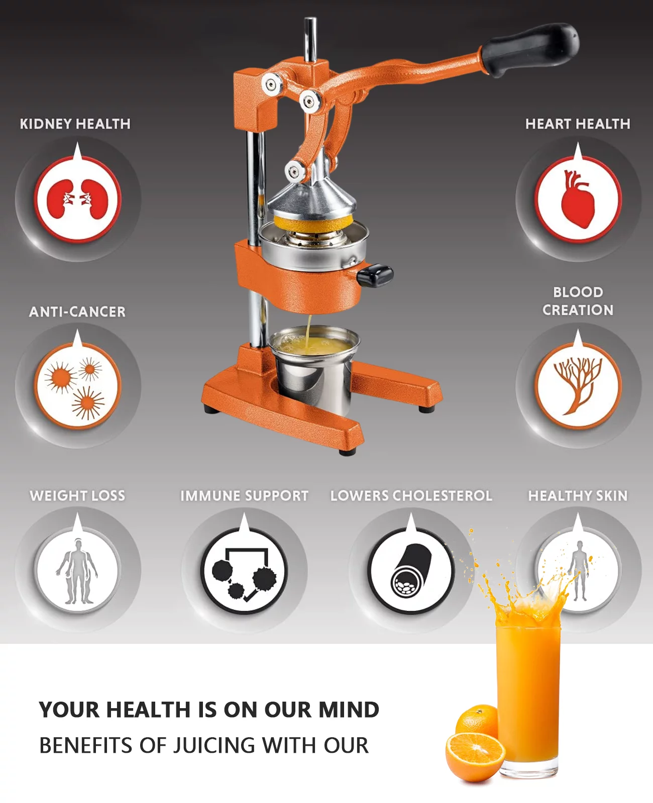 Citrus Juicer for Oranges Lemons - Commercial Grade Manual Hand Press Countertop Squeezer (Orange)