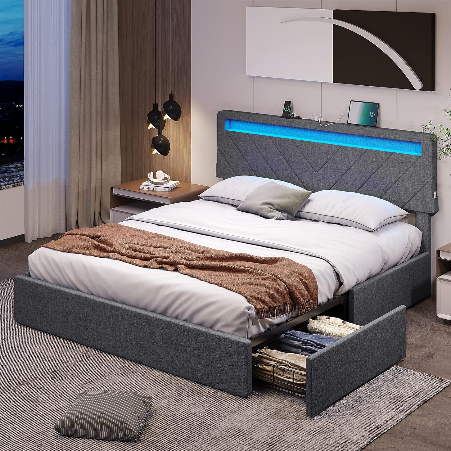 Queen Size Bed Frame with 4 Drawers, Upholstered Platform Bed with LED Lights Headboard and USB Charging Station, No Box Spring Needed, Dark Grey
