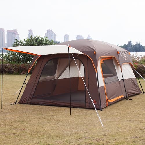 KTT Extra Large Tent 10-12-14 Person(Style-B),Family Cabin Tents,2 Rooms,3 Doors and 3 Windows with Mesh,Straight Wall,Waterproof,Double Layer