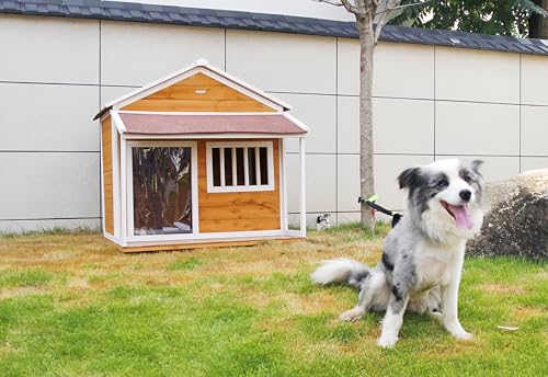 Indoor-Outdoor Wooden Dog House, Porch, Asphalt Roof, Plastic Door Curtain, Ventilation Windows, Brown, Weatherproof, Small to Medium Dog