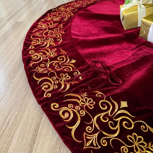 72-Inch Victorian Velvet Christmas Tree Skirt with Gold Damask Embroidery and Plush Lace Ties, Burgundy