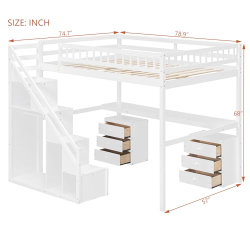 Modern Full Size Gaming Loft Bed with Built-in Desk and Storage Wardrobe, Wood Loft Bed Frame with Light Strip and 2 Drawers