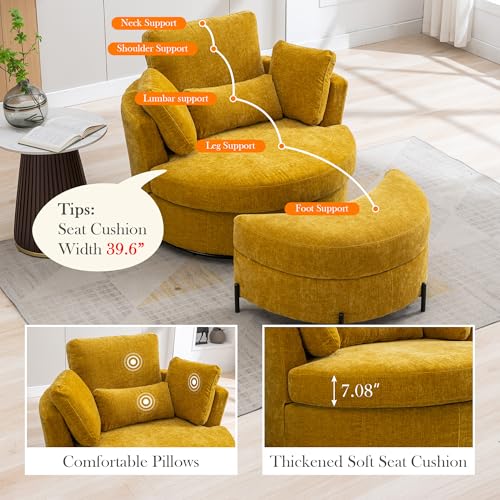 Aoiy & Wifon 42.2" W Oversized Swivel Barrel Chair with Ottoman, Upholstered Round Accent Chair with Storage Ottoman, Chenille, Beige